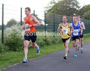 Dan Jenkin (Durham) starts to pull away from Andy Burn (Jarrow), Carl Avery (Morpeth) and Ross Floyd (Morpeth) during the Clive Cookson 10k. Photo: David T. Hewitson/Sports for All Pics